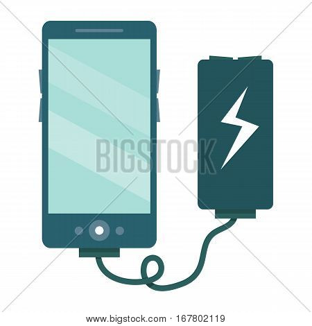 The smartphone is charged via the charger. Vector illustration isolated on white background in flat style.