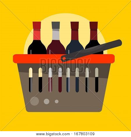 Basket for products with bottles of wine in flat style. Vector illustration on yellow background.