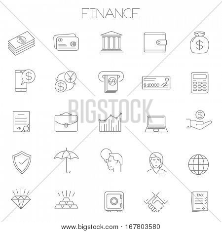 Thin line vector online business and finance icon set. Flat design office and management, insurance and investment  symbols collection  on white background. Lines only, easy to edit line weight