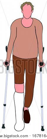 An Old man with broken leg using mobility aid standing walking basing on forearm crutches conceptual togetherness healthcare image support elderly people concept vector