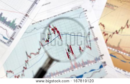 Candlestick graphs focus gap on forex chart under magnifying glass business and financial concept.