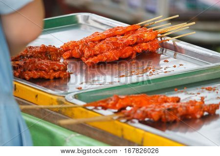 Thai style grilled chicken, in Thai market, street food