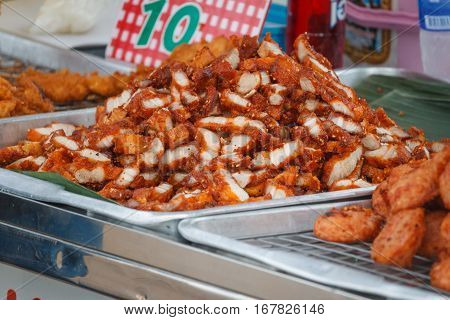 Deep fried pork, in Thai market,Thai street food