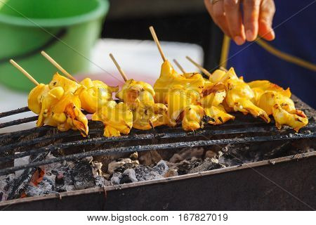 Squid on grill in Thailand market,Thai street food