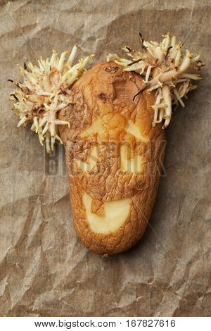 Rotten potato with smiling cartoon face on paper background