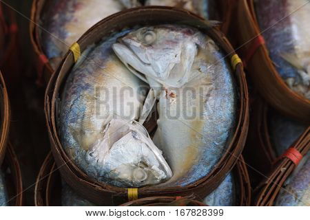 Thai Mackerel in basket,in Thai market,Thai street food