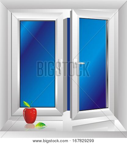 Two-winged white plastic window with a window sill.