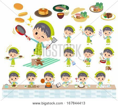Set of various poses of blue clothing boy cooking
