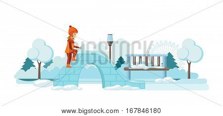 Concept - kids favorite winter activities. Girl in winter clothes gets on the ice hill to ride on it. Vector illustration. Can be used in banner, mobile app, design.