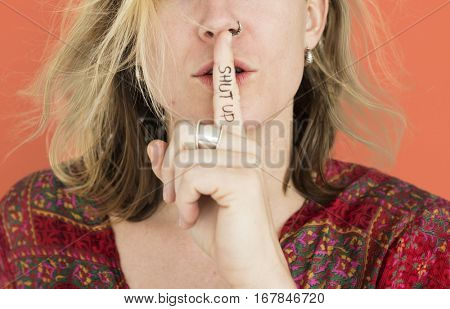 Woman Quiet Shut Up Secret Shh Portrait Concept