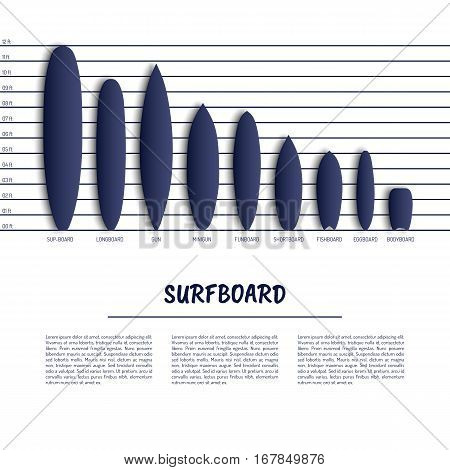 Set of surfboards of different length and destination vector isolated.