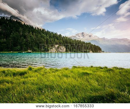 Great view of the azure pond Champfer in alpine valley. Picturesque and gorgeous scene. Location Swiss alps, Silvaplana village. Europe. Retro and vintage style. Instagram toning effect. Beauty world.