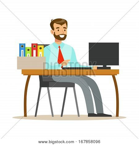 Man Working At His Desk With Computer And Folders, Part Of Office Workers Series Of Cartoon Characters In Official Clothing. Happy Person Working In The Office Vector Illustration.