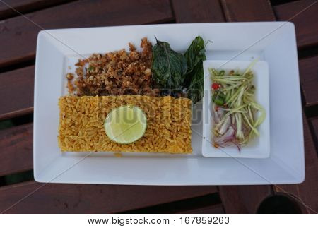 Green Curry Fried Ricethai food on white dish