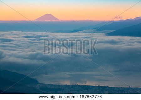 aerial Mount Fuji with Suwako Lake sunrise Takabochi