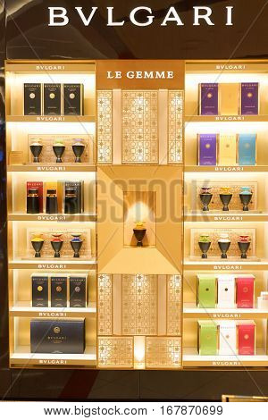 DUBAI, UAE - CIRCA NOVEMBER, 2016: Bulgari at Dubai International Airport. Bulgari is an Italian jewelry and luxury goods brand.