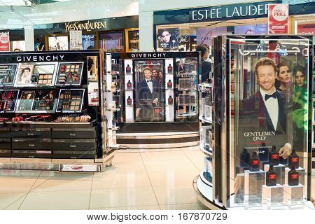 DUBAI, UAE - CIRCA NOVEMBER, 2016: duty free at Dubai International Airport. It is the primary airport serving Dubai and is the world's busiest airport by international passenger traffic.