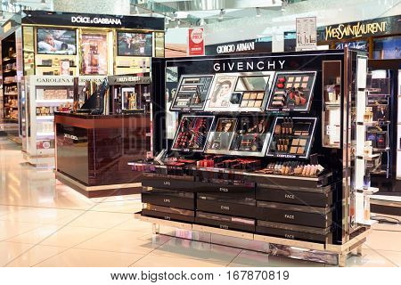 DUBAI, UAE - CIRCA NOVEMBER, 2016: duty free at Dubai International Airport. It is the primary airport serving Dubai and is the world's busiest airport by international passenger traffic.