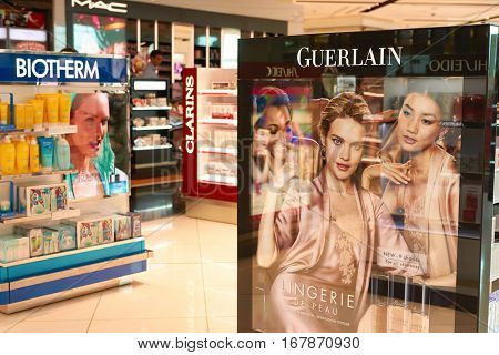DUBAI, UAE - CIRCA NOVEMBER, 2016: duty free at Dubai International Airport. It is the primary airport serving Dubai and is the world's busiest airport by international passenger traffic.