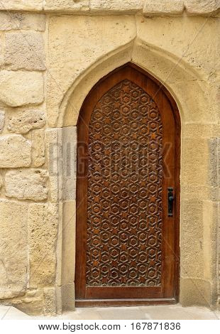 Traditional Wooden Door With Arch In Old City, Icheri Sheher. Baku