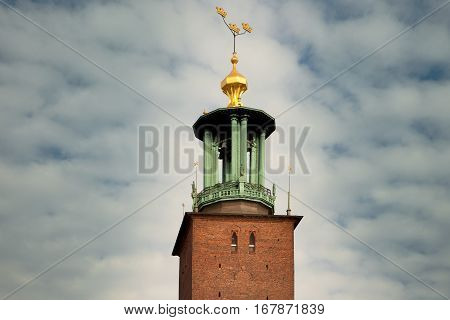 Close-up views of the City Hall's tower (Stadshuset) in Stockholm Sweden