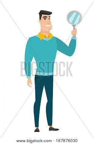 Caucasian business man holding hand mirror. Full length of business man looking at himself in a hand mirror. Business man with hand mirror. Vector flat design illustration isolated on white background