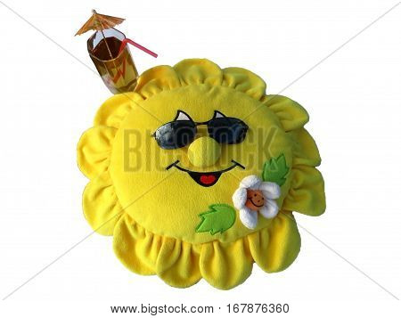 A plush sun with glass and sunglasses