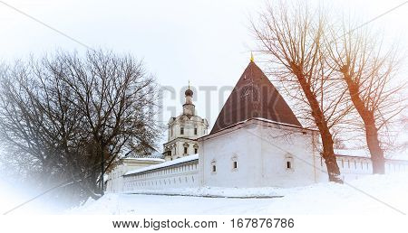 Spaso-Andronikov Monastery in winter, Spassky Cathedral with frescoes of Andrey Rublev. Moscow, Russia .