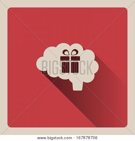 Brain thinking about a gift illustration on red square background with shade