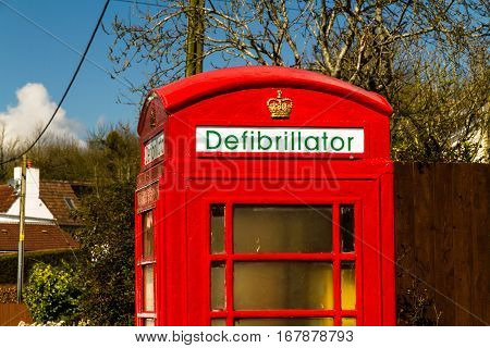Defibrillator Housed In Uk Red Telephone Box.
