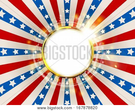 Patriotic background United States of America with sparks. USA flag color round frame. American Memorial Day or Independence Day golden ring concept vector design