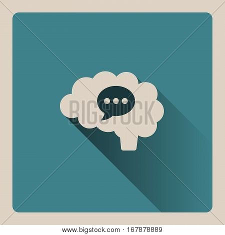 Brain thinking in a conversation illustration on blue square background with shade