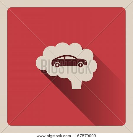 Brain thinking in car illustration on red square background with shade
