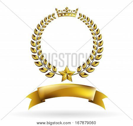 Vector round golden laurel wreath award frame isolated on white background. Heraldic or coat of arms element with crown star and ribbon. Victory honor achievement quality product anniversary