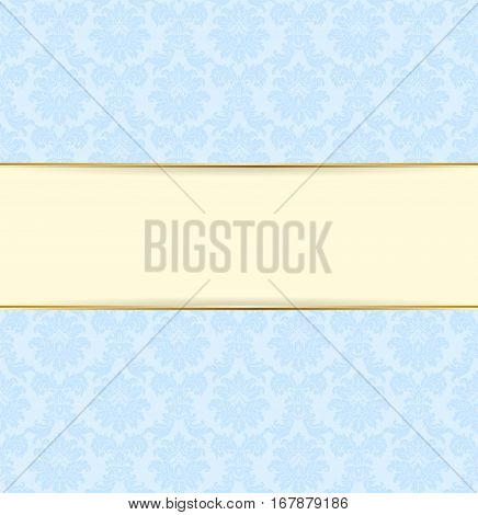 Vector blue and vanilla color retro style banner. Light frame design with golden line. Floral background with text line. Vintage card design