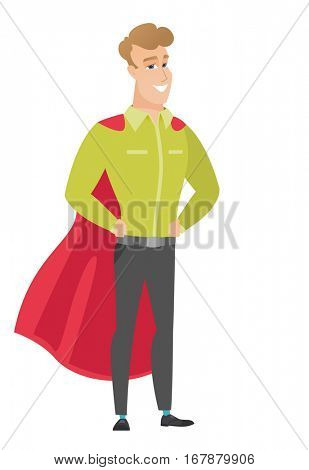 Businesman wearing a red superhero cloak. Full length of businessman dressed as a superhero. Successful businessman superhero in red cloak. Vector flat design illustration isolated on white background