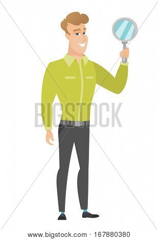 Caucasian business man holding hand mirror. Full length of business man looking at himself in a hand mirror. Business man with hand mirror. Vector flat design illustration isolated on white background