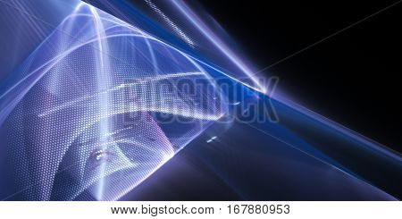 Abstract background element.Three-dimensional composition of curves and mosaic halftone effects. Technology; science or education concept. Blue and black colors. Wide format