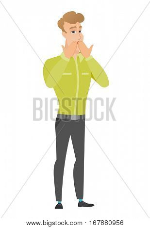 Shoked caucasian businessman covering his mouth with hand. Full length of shoked businessman. Businessman with a shocked facial expression. Vector flat design illustration isolated on white background