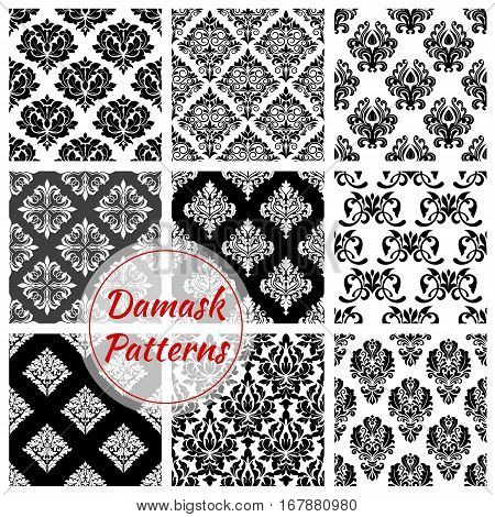 Damask flowery pattern set of ornate baroque seamless vector floral embellishment motif and flourish ornamental tracery. Luxury royal flowers adornment backdrop tiles for interior design