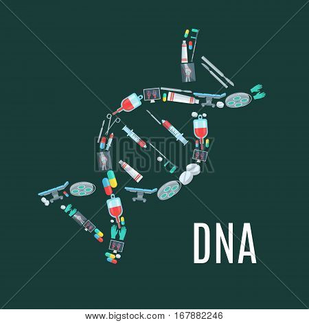 Surgery medicine poster with DNA symbol. Vector healthcare medical items and surgeon or therapist tools and instruments scalpel, scissors, crutch and gloves, operation table, human knee and hands X-ray, therapy pill drugs and blood dropper