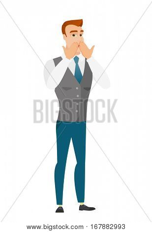 Shoked caucasian businessman covering his mouth with hand. Full length of shoked businessman. Businessman with a shocked facial expression. Vector flat design illustration isolated on white background