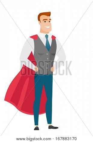 Businesman wearing a red superhero cloak. Full length of businessman dressed as a superhero. Successful businessman superhero in red cloak. Vector flat design illustration isolated on white background