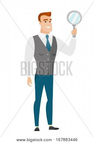 Caucasian business man holding hand mirror. Full length of business man looking at himself in a hand mirror. Business man with hand mirror. Vector flat design illustration isolated on white background