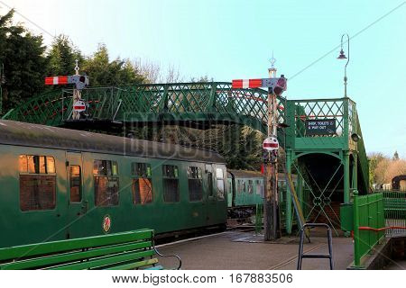 Alresford, Uk - Jan 28 2017: Railway Carriages, Signals And Footbridge At Alresford Station, On The