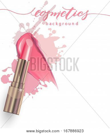 Pink lipstick and Smears lipstick on white background. Beauty and cosmetics background. Use for advertising flyer banner leaflet. Template Vector.