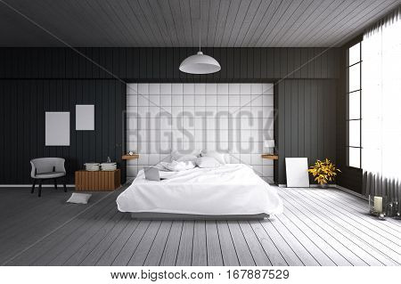 3D rendering : illustration of big spacious modern bedroom in soft light color.big comfortable double bed in elegant classic modern bedroom.interior design of house.modern wooden tile house