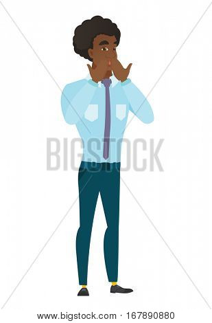 Shoked caucasian businessman covering his mouth with hand. Full length of shoked businessman. Businessman with a shocked facial expression. Vector flat design illustration isolated on white background