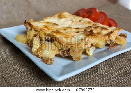 Moussaka - a traditional Balkan specialty with minced meat and potatoes