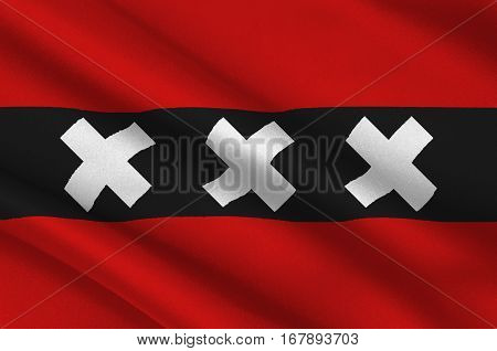Flag of Amsterdam is the capital and most populous city of the Kingdom of the Netherlands. 3d illustration